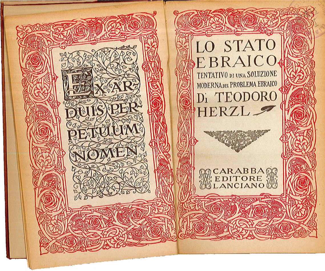 "מדינת היהודים" בתרגום לאיטלקית של ג. סרבאדיו (G. Servadio), 1918. לדפי הספר צורפו עיטורים.